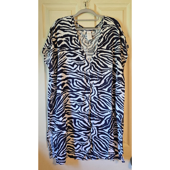 Anne Cole Zebra Print Swim Cover-Up Tunic Dress Navy/ White Rayon Women’s Medium - Picture 1 of 11
